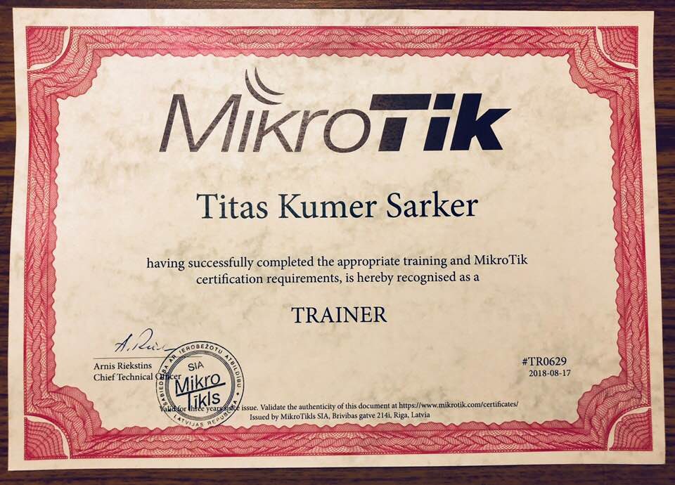 MikroTik Trainer certificate issued to Titas Kumer Sarker, trainer number TR0629, dated 17 August 2018